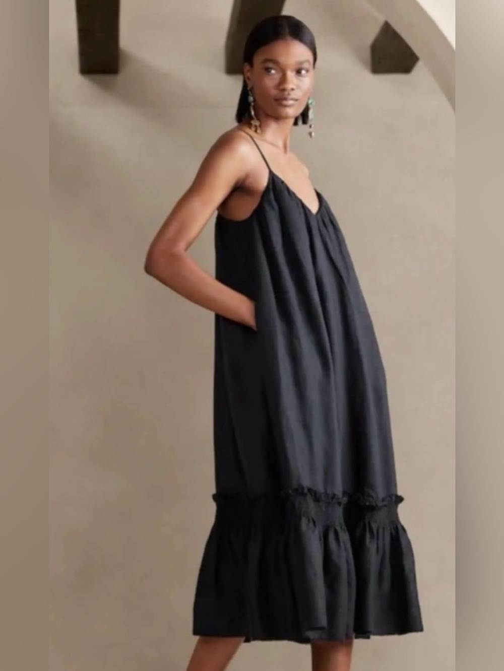 Banana Republic Black Spaghetti-Strap Tiered Linen Maxi Dress